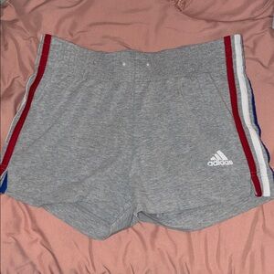 Adidas Women's Gray Shorts with Red and Blue Stripes